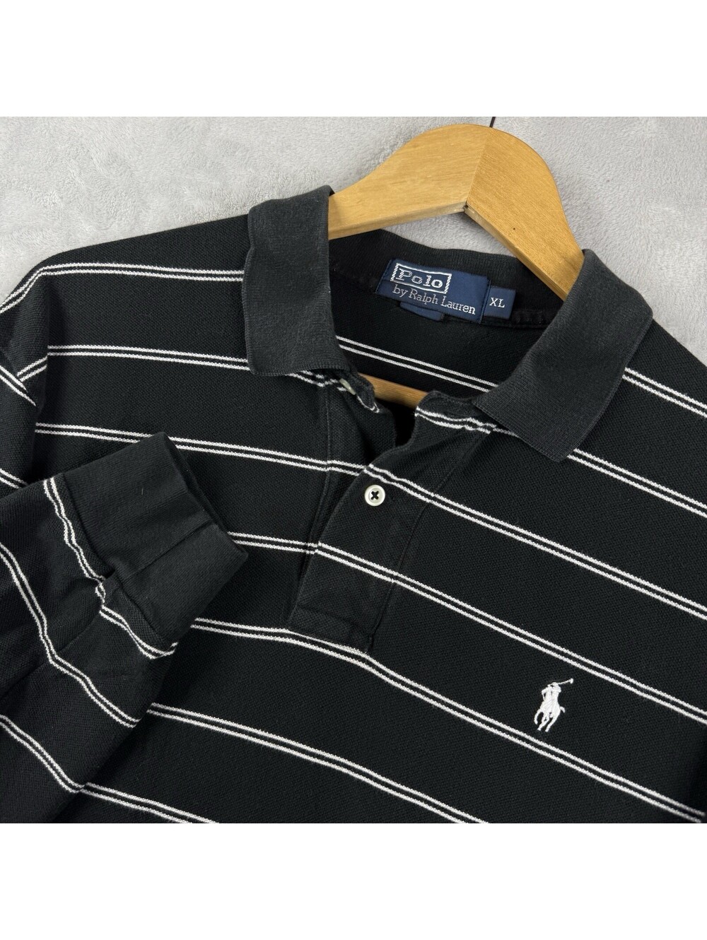 Polo Ralph Lauren Black White Stripe Rugby Polo Shirt Long Sleeve Pony Casual XL